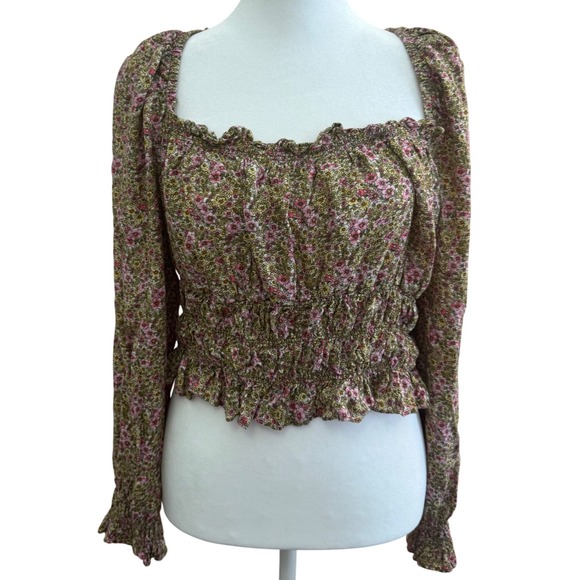 H&M Tops - H&M Womens Ditsy Floral Crop Top Square Neck Long Sleeve Shirred Blouse Shirt XL